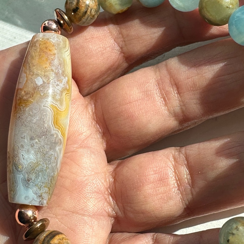 LEMURIAN AQUATINE + OCEAN JASPER NATURAL STONES BRACELET size 8” - Picture 9 of 9